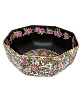 Vintage Crown Ducal Roseland Chintz Octagonal Bowl Black Pink Roses Birds 1930s